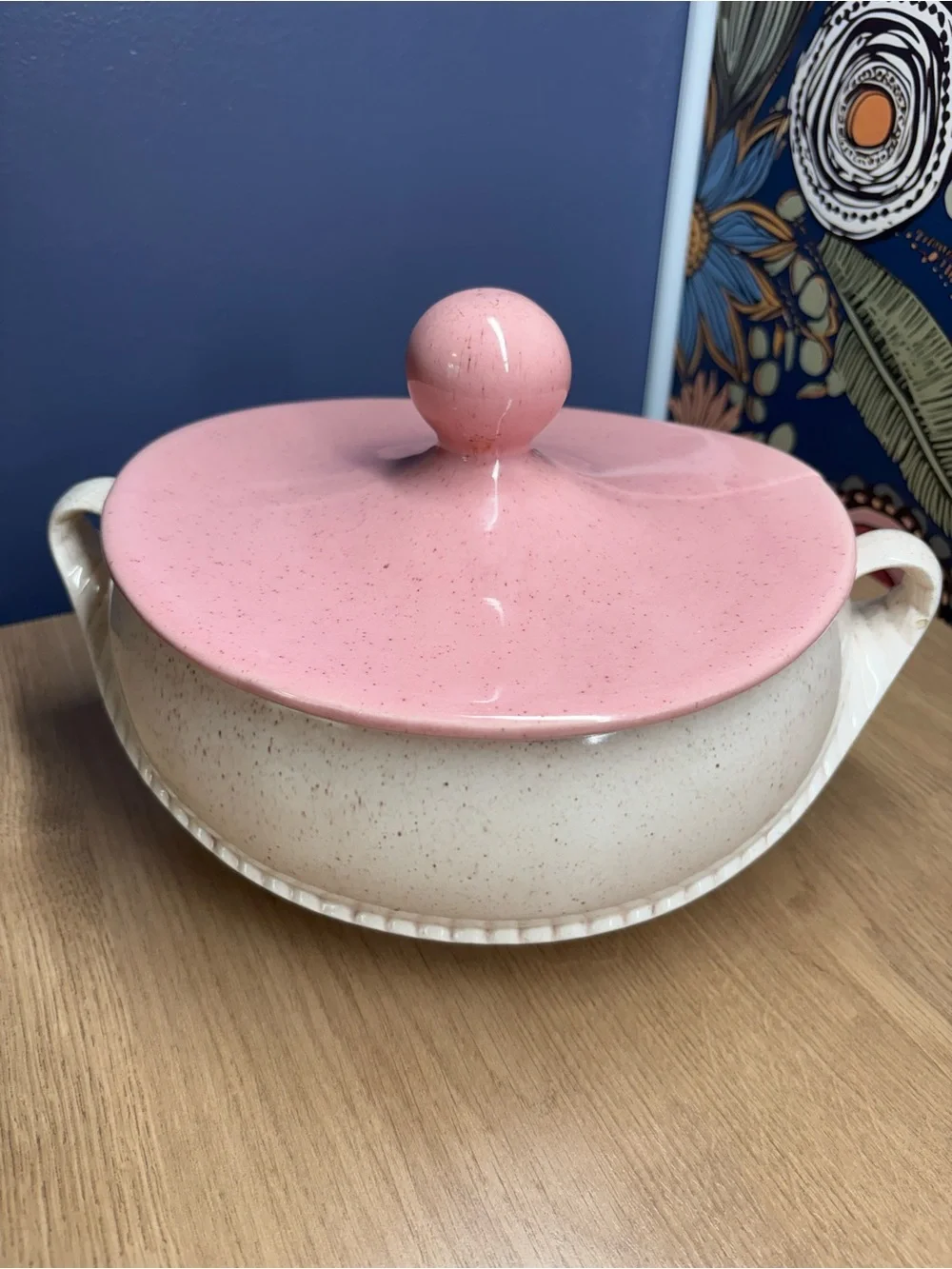 Vintage California Pottery MCM Casserole Dish Speckled White w Pink Lid